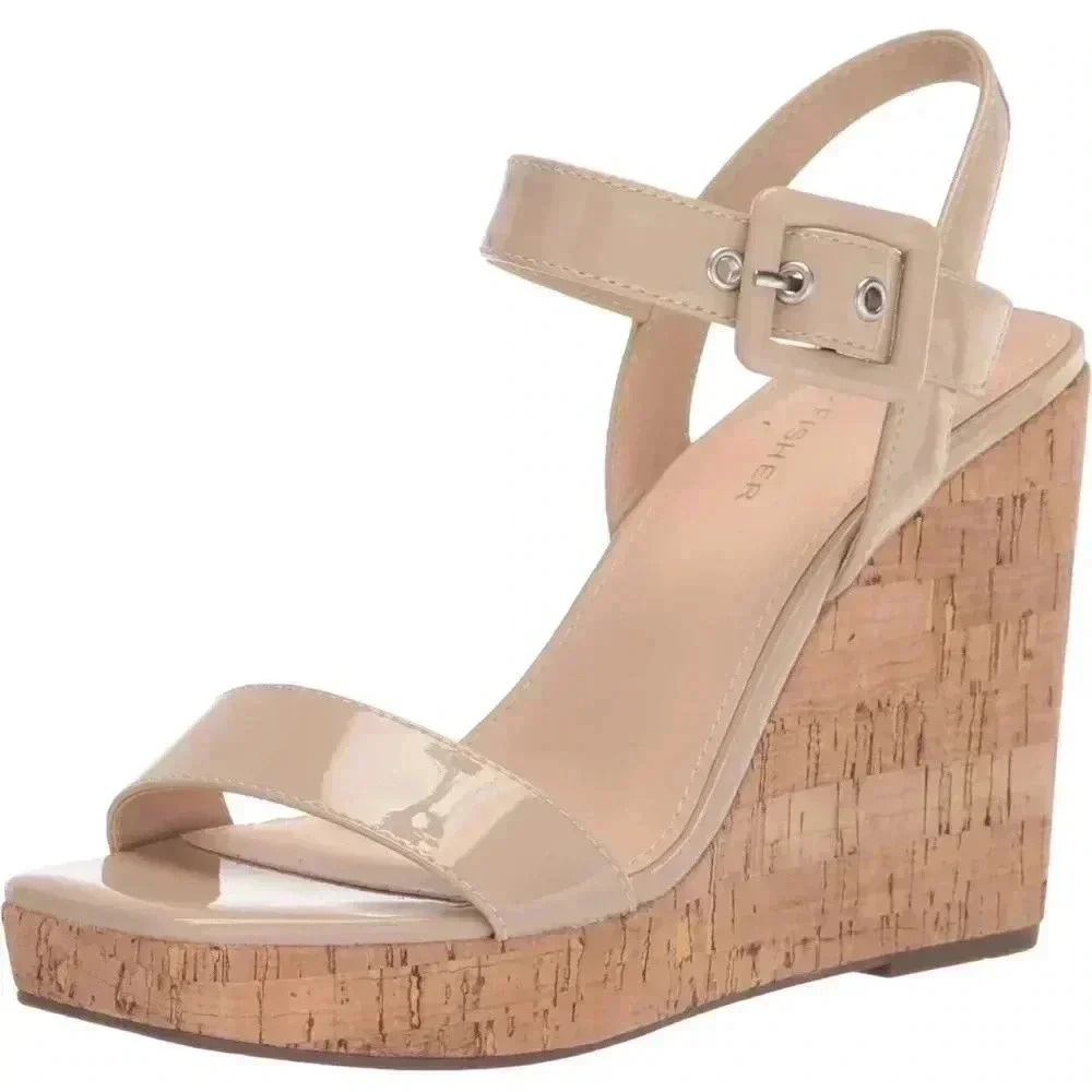 Marc Fisher Beige Patent Platform Sandals